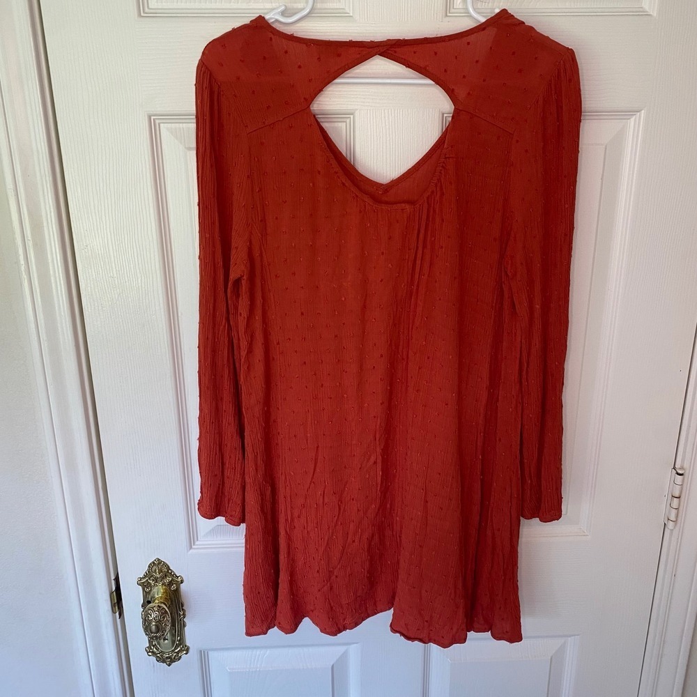 Umgee Embroidered Orange Dress Long Sleeve V Neck Cutout Back Boho Chic Size L - Picture 8 of 9